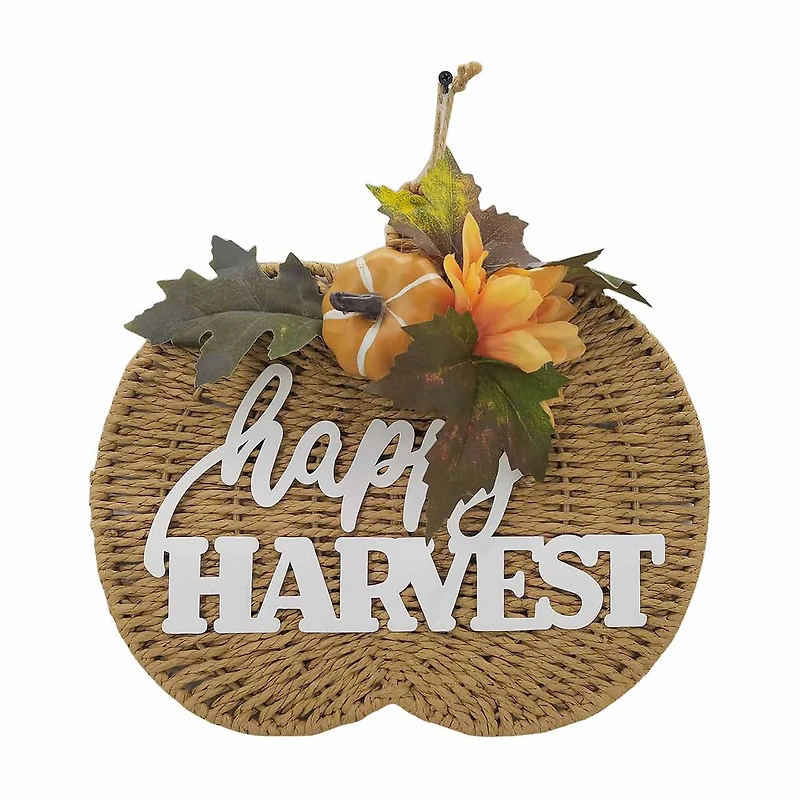 Artificial Floral Pendant Woven Pumpkin Sign, 11 in