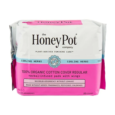 The Honey Pot Company Organic Cotton Cover Cooling Herbal Infusion Regular Pads,