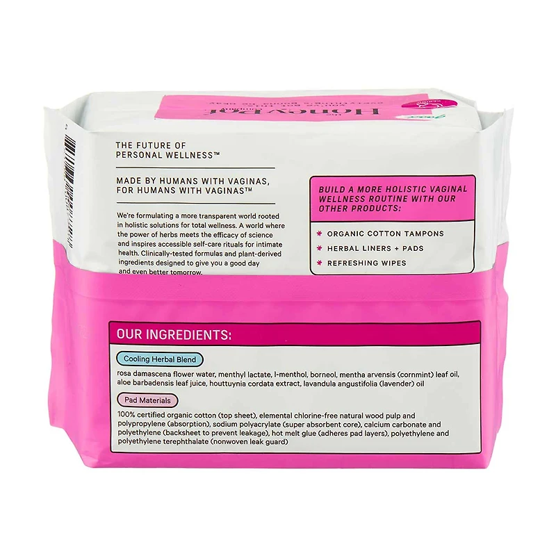 The Honey Pot Company Organic Cotton Cover Cooling Herbal Infusion Regular Pads,