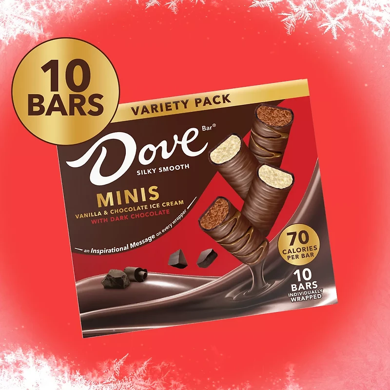 Dove Ice Cream Vanilla & Chocolate Mini Dark Chocolate Individually Wrapped Ice Cream Bars Assortment, 10 Pack