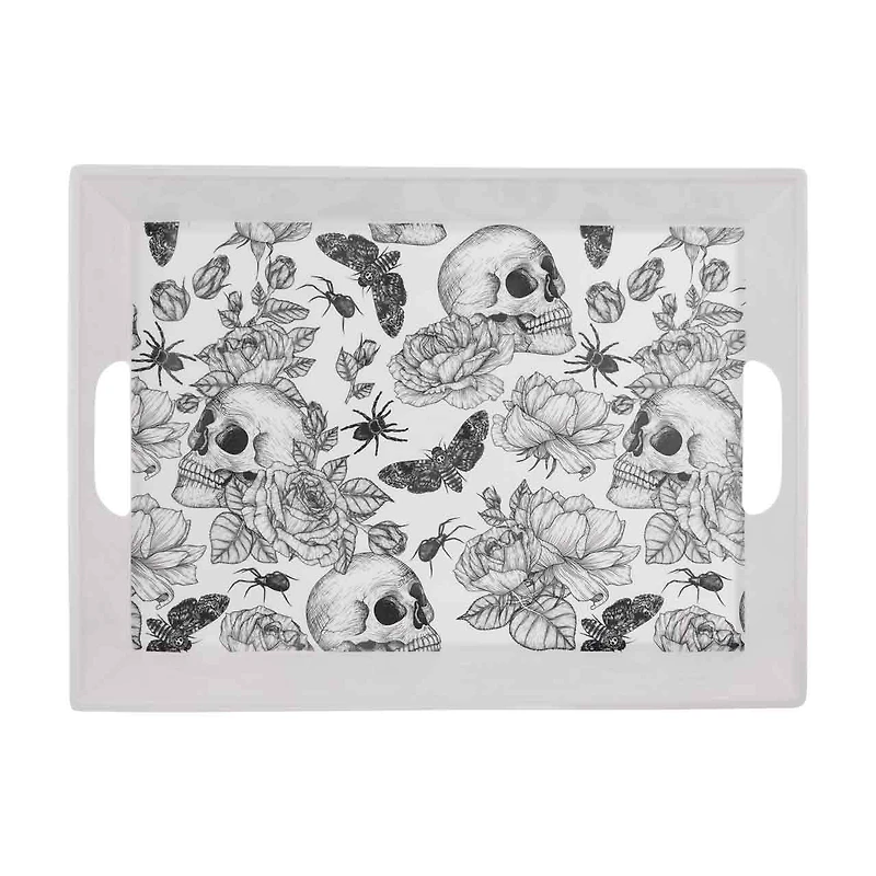 Halloween Black & White Skulls & Spiders Melamine Serving Tray, 18 in x 12 in