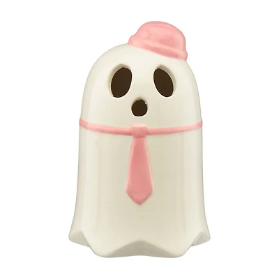 Halloween Light-Up Ceramic Ghost with Pink Hat & Tie
