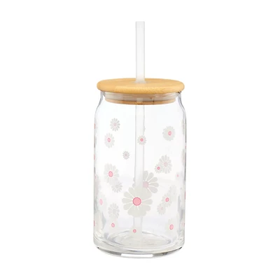 White Glass Tumbler with Daisies, 16 oz