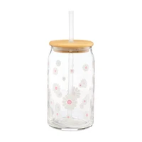 White Glass Tumbler with Daisies, 16 oz