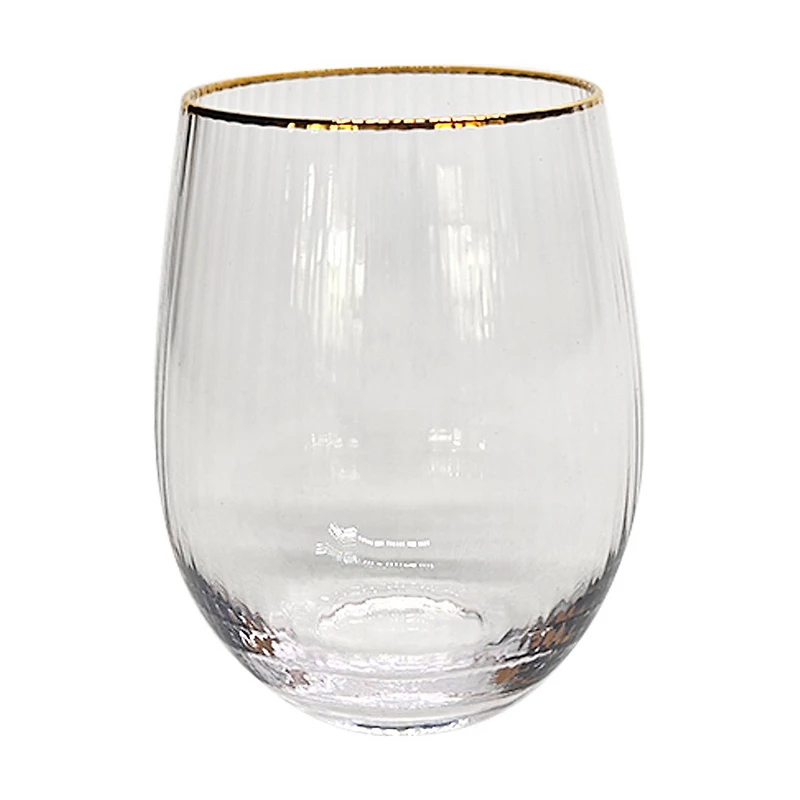 Ribbed Clear Stemless Wine Glass with Gold Rim, 17.3 fl oz