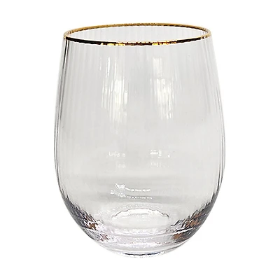 Ribbed Clear Stemless Wine Glass with Gold Rim, 17.3 fl oz