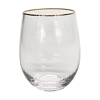 Ribbed Clear Stemless Wine Glass with Gold Rim, 17.3 fl oz