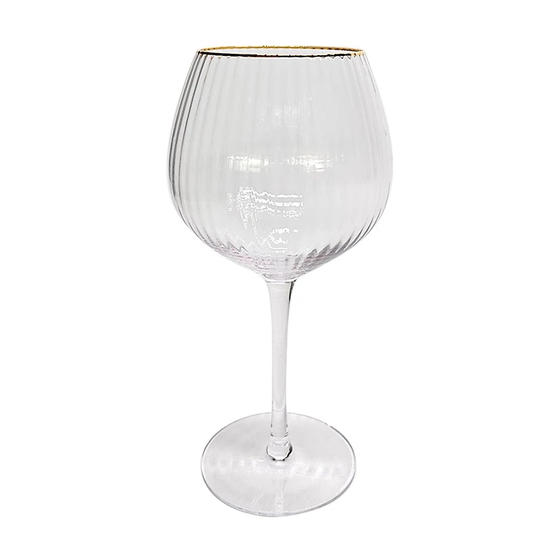 Ribbed Clear Wine Glass with Gold Rim, 20.38 fl oz