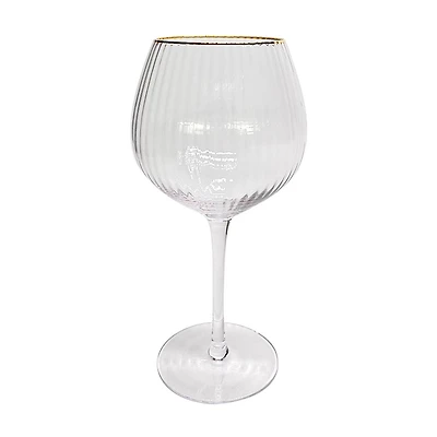 Ribbed Clear Wine Glass with Gold Rim, 20.38 fl oz