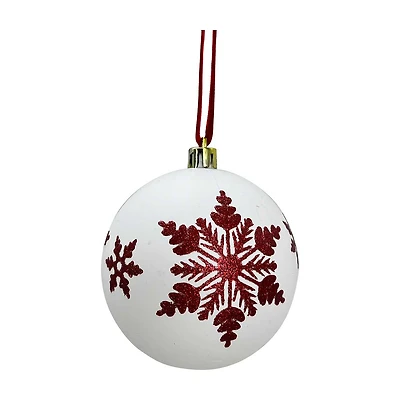 Glitter Snowflake Plastic Ball Ornament, White & Red