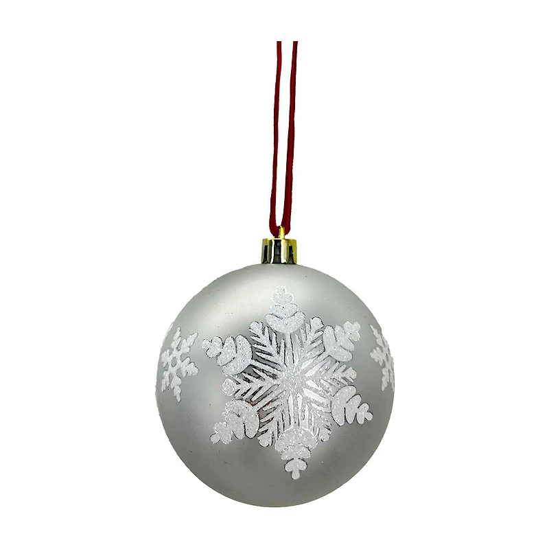 Glitter Snowflake Plastic Ball Ornament, Silver & White