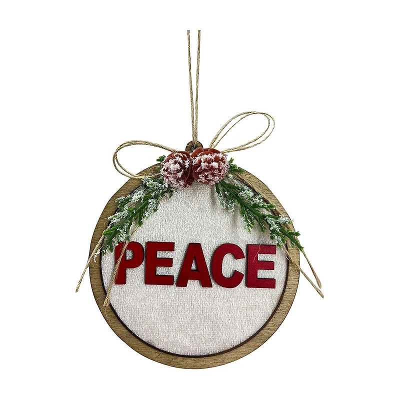 'Peace' White Velvet and Wood Round Ornament