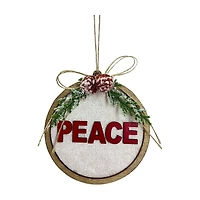 'Peace' White Velvet and Wood Round Ornament