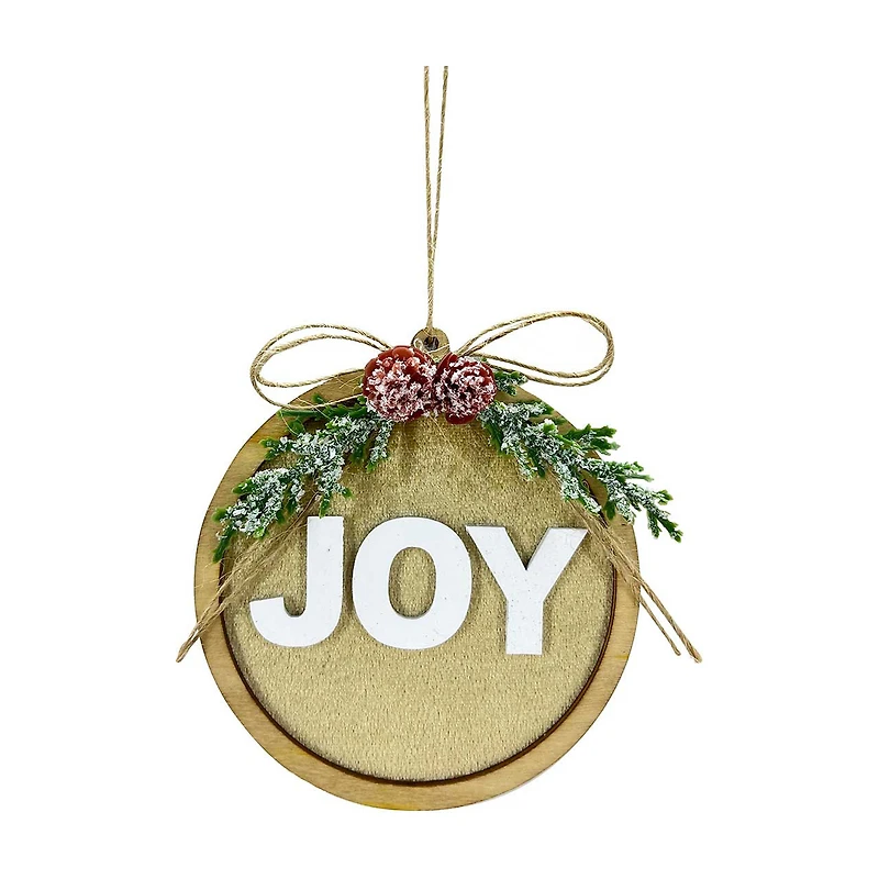 'Joy' Gold Velvet and Wood Round Ornament