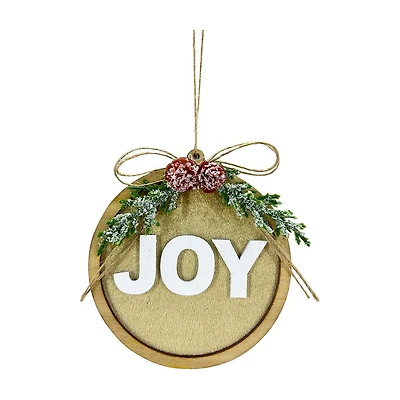 'Joy' Gold Velvet and Wood Round Ornament