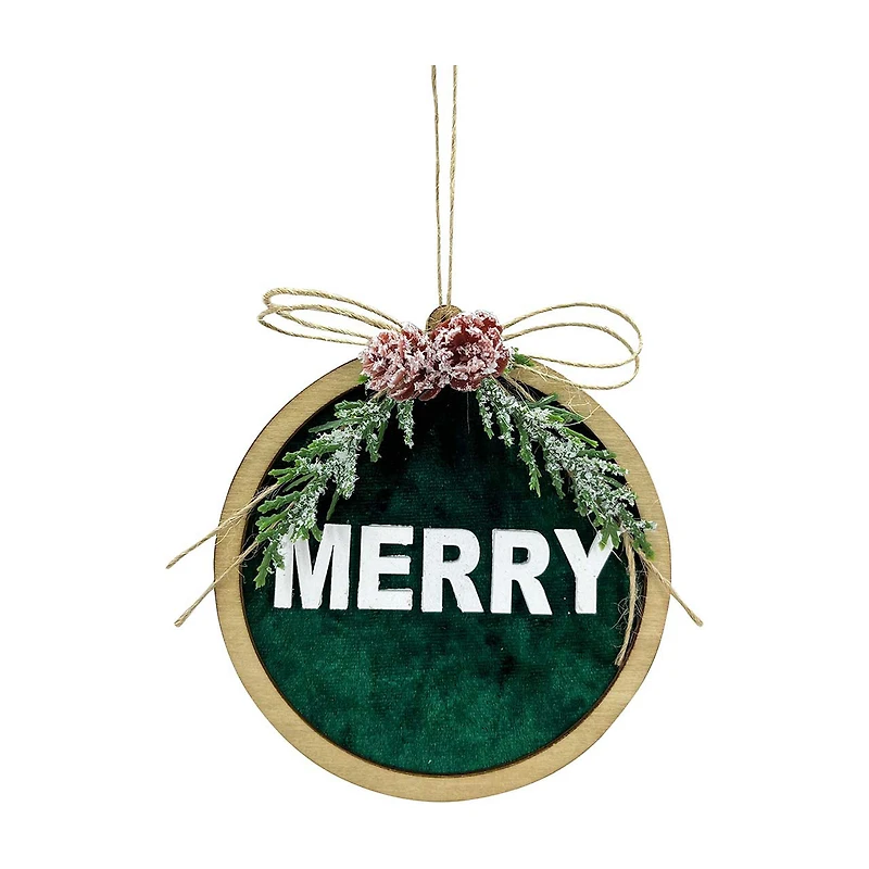 'Merry' Green Velvet and Wood Round Ornament