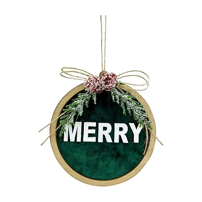 'Merry' Green Velvet and Wood Round Ornament