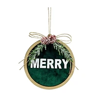 'Merry' Green Velvet and Wood Round Ornament