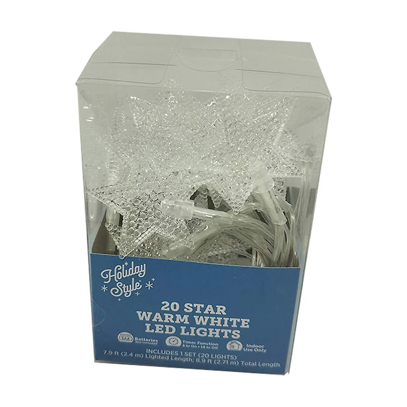 Holiday Style Warm White LED Lights, 20 ct, 8.9 ft, Snowflake or Star