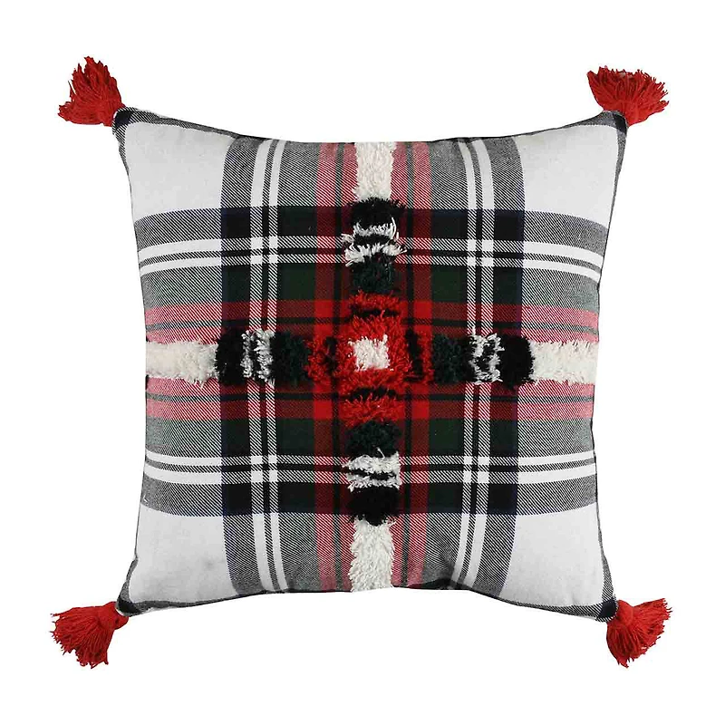 Christmas Plaid Pillow with Tassels, 18 in x 18 in