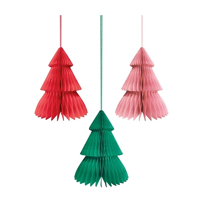 Assorted Christmas Tree Shaped Honeycomb Tissue Hanging Decorations, 3 ct