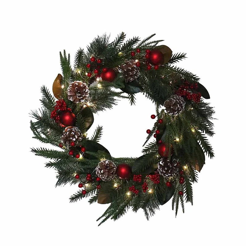 Christmas Light-Up Pine, Pinecone, and Berries Wreath, 20 in, Assorted Styles