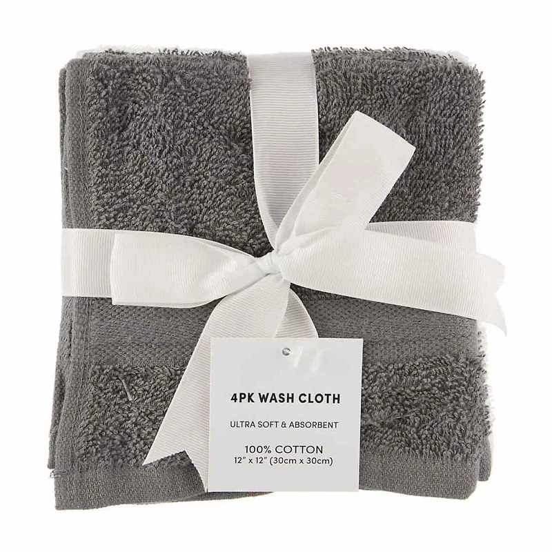Gray & White Washcloth Set, 4 pk, 12 in x 12 in