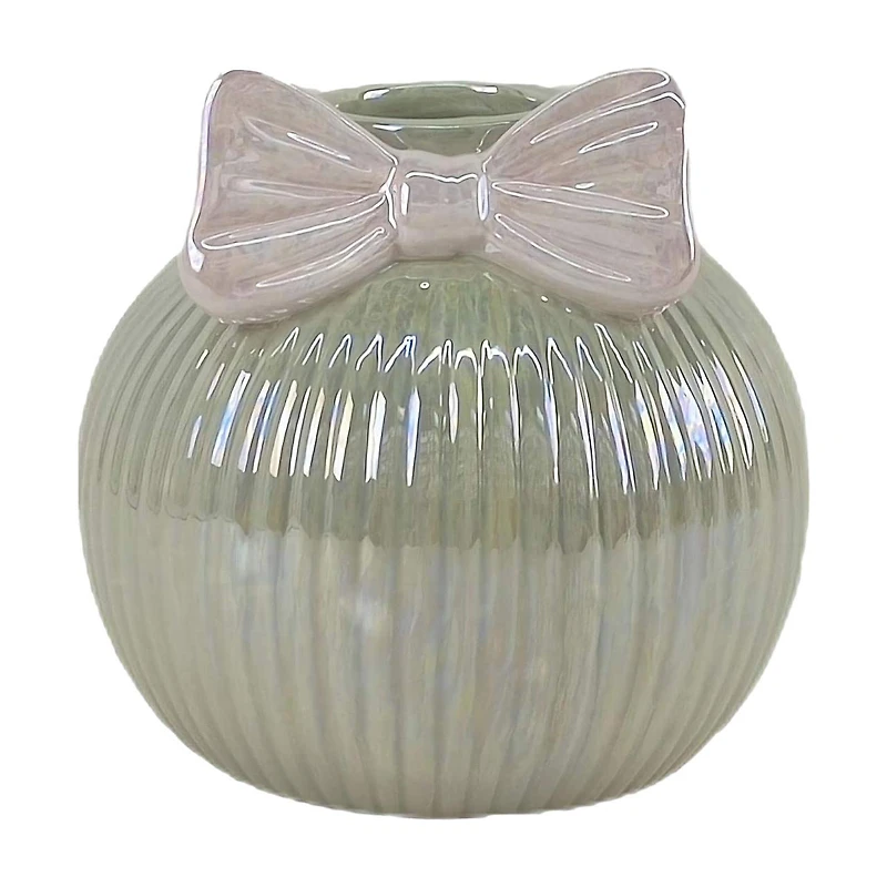 Green & Pink Glass Vase with Bow