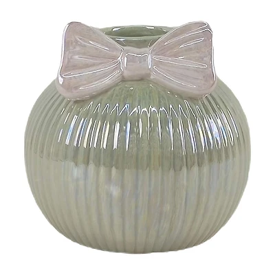Green & Pink Glass Vase with Bow