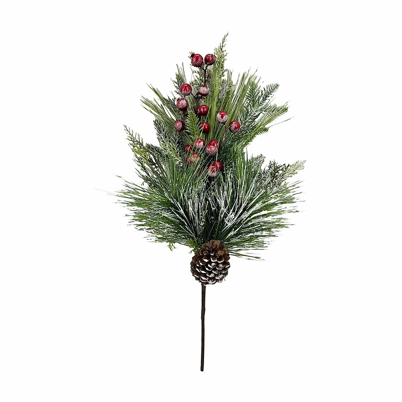 Artificial Pine Needles Pick Decor with Red Berries, 19 in