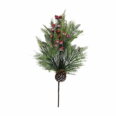 Artificial Pine Needles Pick Decor with Red Berries, 19 in