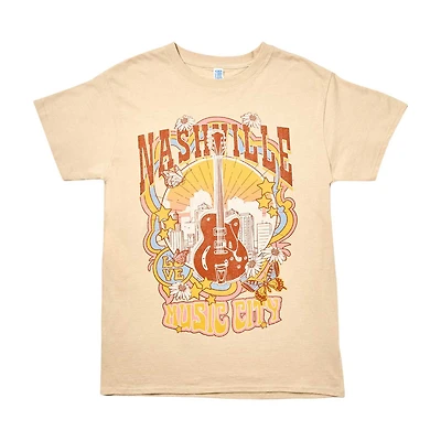 Women's 'Nashville Music City' Guitar Screen-Printed Tan Tee, Medium