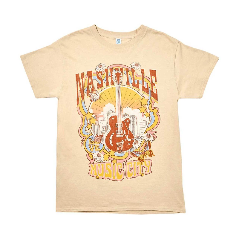 Women's 'Nashville Music City' Guitar Screen-Printed Tan Tee, Large