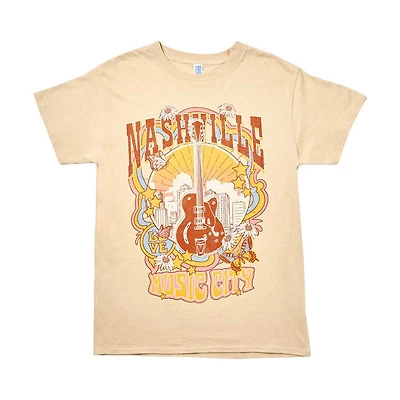 Women's 'Nashville Music City' Guitar Screen-Printed Tan Tee, Large