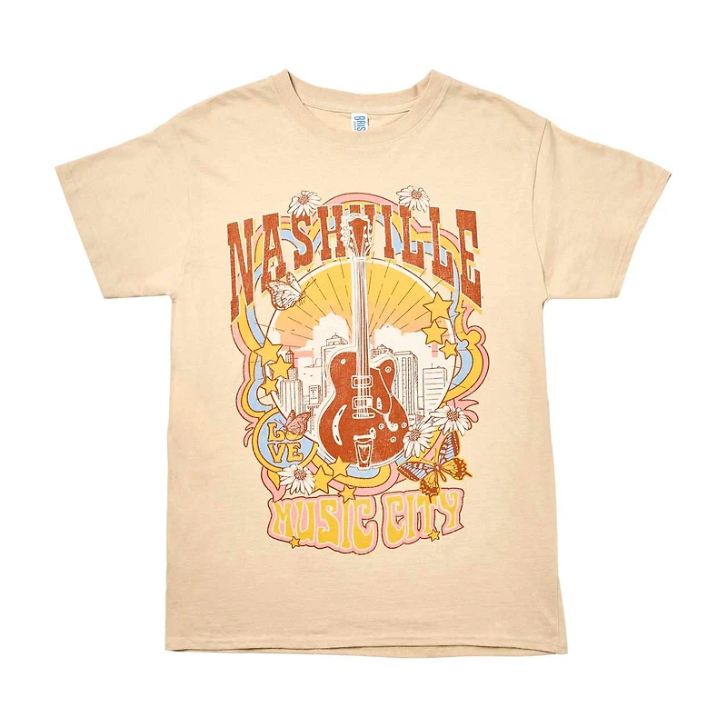 Women's 'Nashville Music City' Guitar Screen-Printed Tan Tee