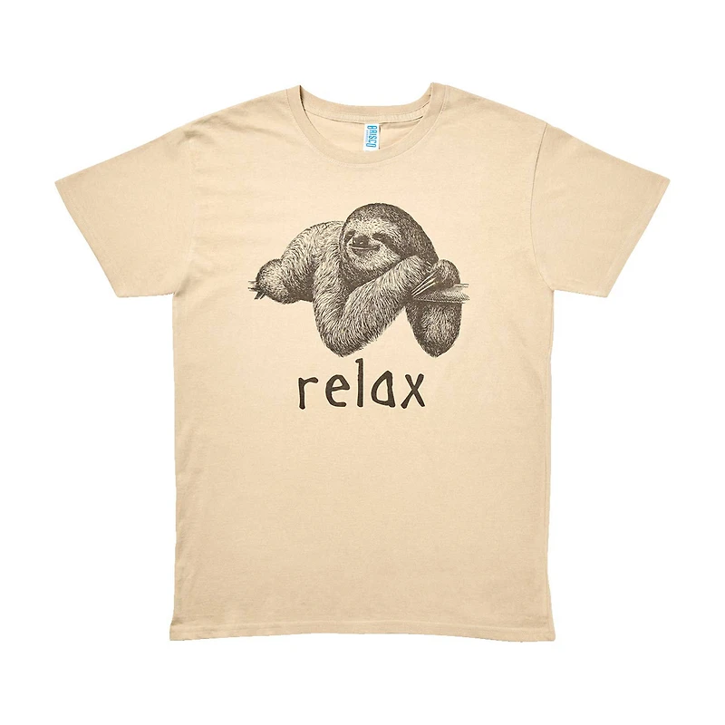 Women's 'Relax' Sloth Screen-Printed Tan Tee, Large