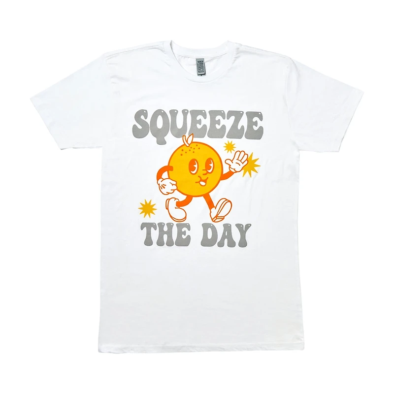 Women's 'Squeeze The Day' Happy Orange Screen-Printed White Tee, Medium