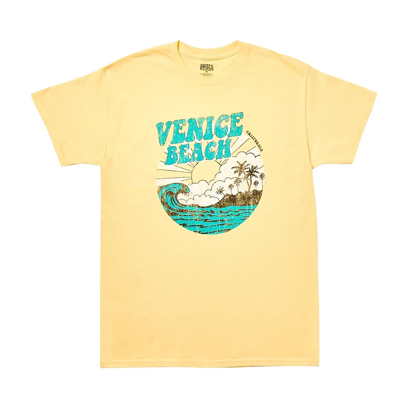 Women's 'Venice Beach' Sunny Waves Screen-Printed Butter-Yellow Tee, Medium