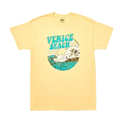 Women's 'Venice Beach' Sunny Waves Screen-Printed Butter-Yellow Tee, Large