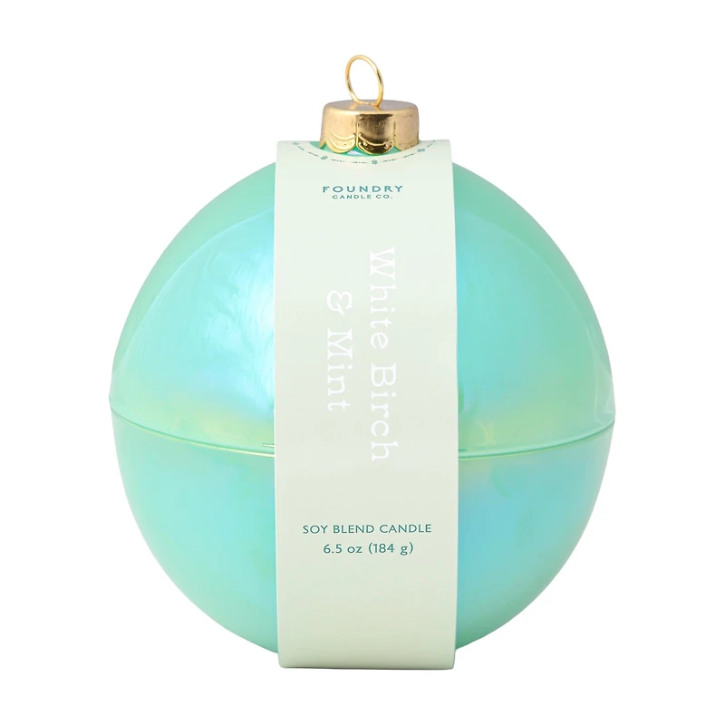 Ice Blue Iridescent Glass Ornament Candle, White Birch & Mint, 6.5 oz