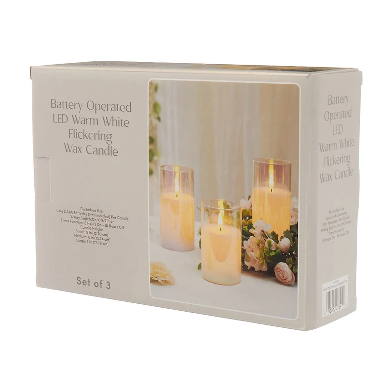 Battery Operated Indoor LED Warm White Flickering Wax Candle, Set of 3