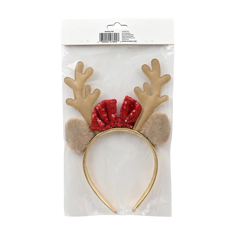 Holiday Style Gold Sequin Reindeer Headband with Red Bow