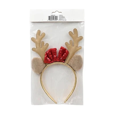 Holiday Style Gold Sequin Reindeer Headband with Red Bow
