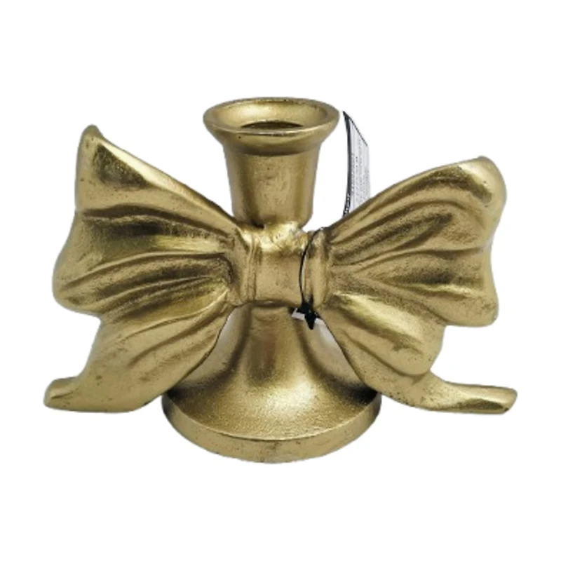 Metal Tapered Candle Holder with Christmas Bow Decoration, 6 in