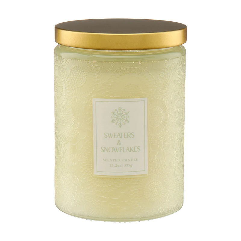 Sweaters & Snowflakes Embossed Glass Jar Scented Candle, 13.2 oz