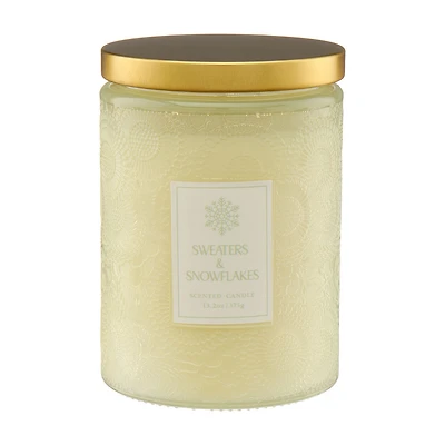 Sweaters & Snowflakes Embossed Glass Jar Scented Candle, 13.2 oz