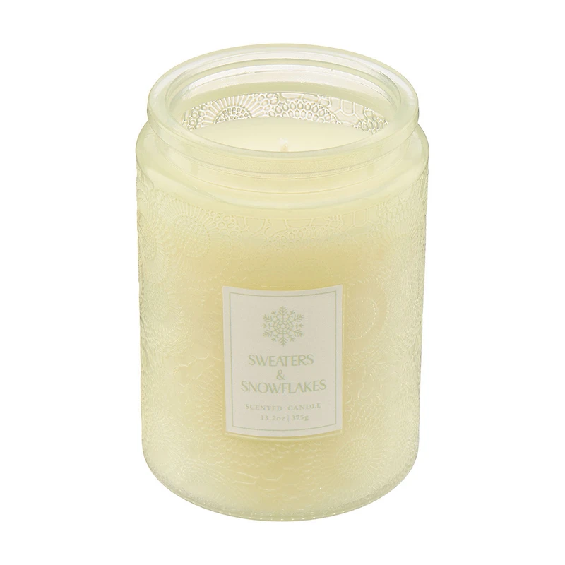 Sweaters & Snowflakes Embossed Glass Jar Scented Candle, 13.2 oz