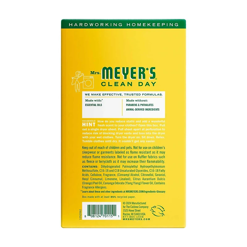 Mrs. Meyer's Clean Day Dryer Sheets, Honeysuckle Scent, 80 Count