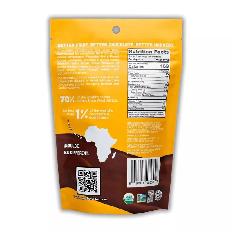 Mavuno Harvest Dark Chocolate-Dipped Dried Organic Pineapple, 3 oz
