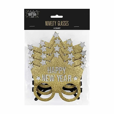Gold & Silver Felt and Plastic Happy New Year Novelty Glasses, 4ct
